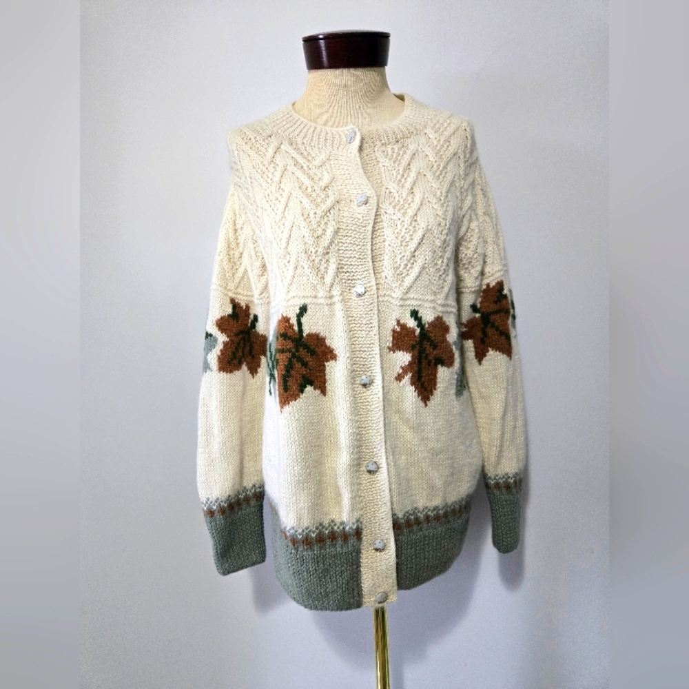 NANDO Extra Fine Alpaca Hand Knit Cream/Green/ Brown Leaf Pattern Cardigan. Med